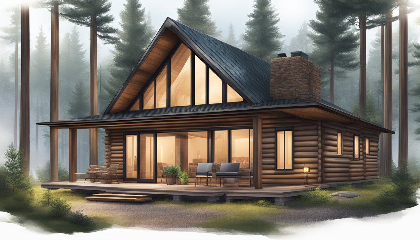 A modern log cabin nestled in a lush forest clearing, with large windows, a sleek design, and a cozy fireplace inside