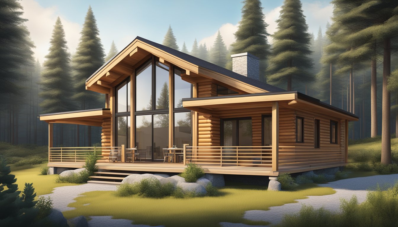A contemporary log cabin with clean lines, large windows, and natural materials. Surrounded by a serene forest setting with minimalistic landscaping