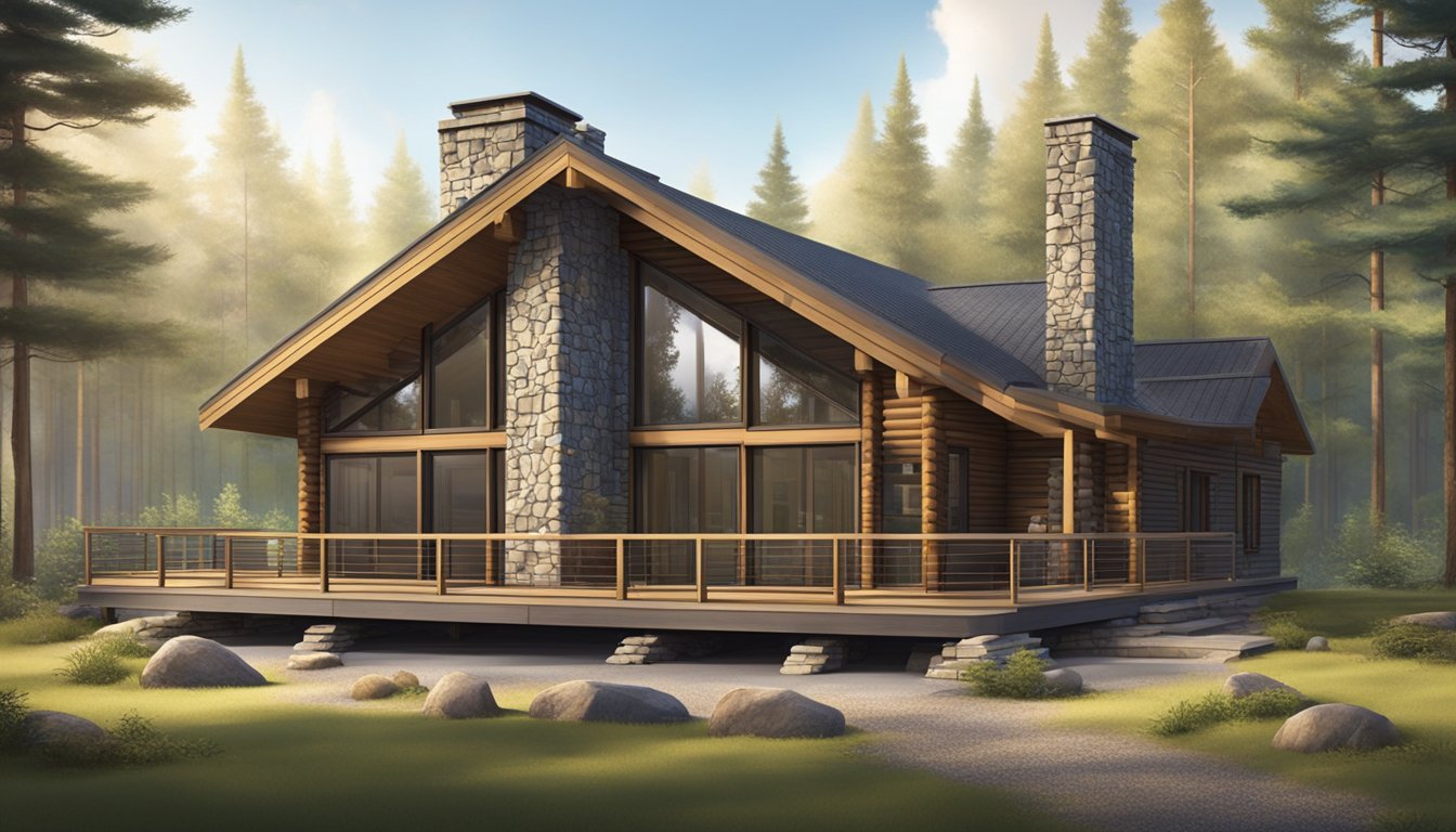 A modern log cabin with sleek, angular lines sits nestled in a forest clearing, surrounded by tall trees. A stone fireplace and large windows adorn the exterior, while a spacious deck extends from the front