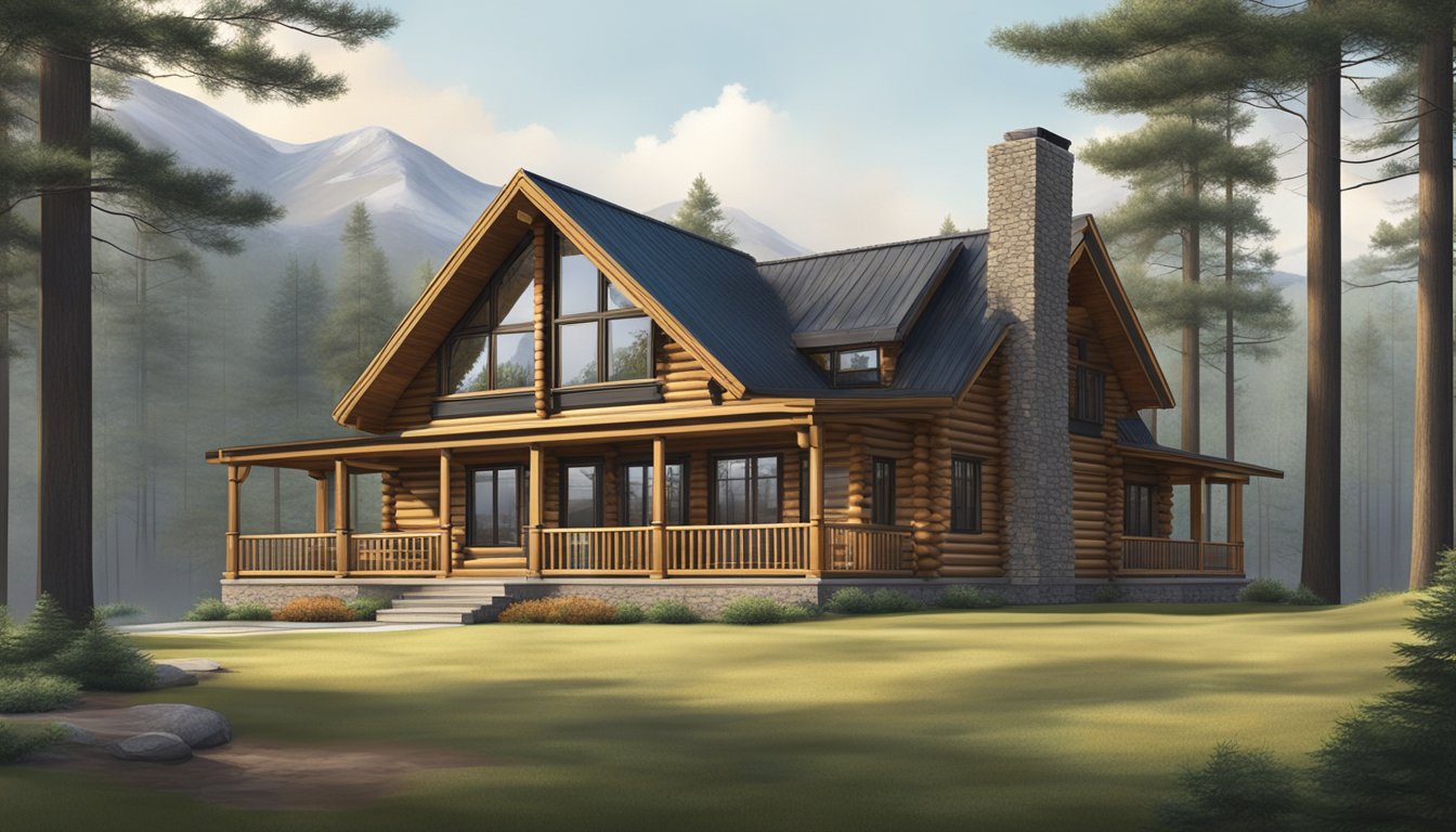 A modern log house with large windows, a sloping roof, and a spacious front porch nestled among tall pine trees