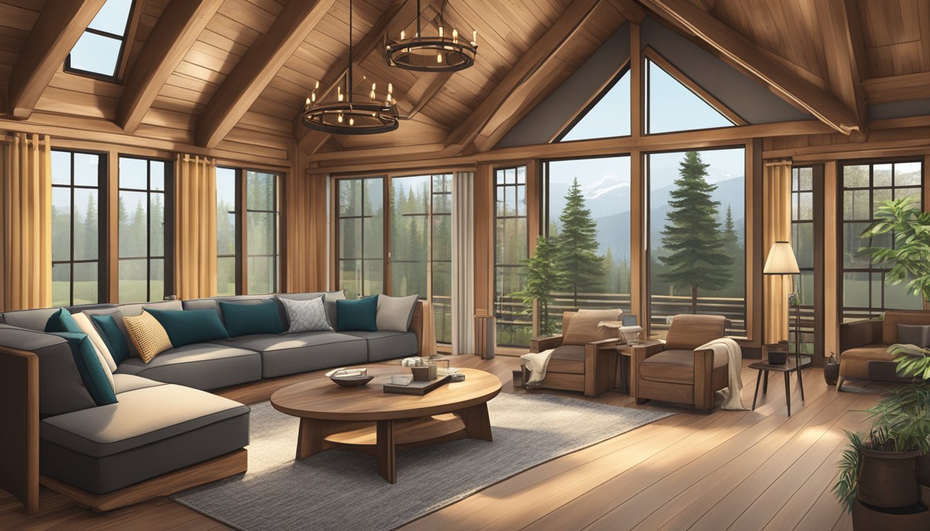A spacious, open-concept cabin interior with high ceilings, large windows, and a cozy fireplace. The interior features natural wood accents, contemporary furniture, and stylish decor