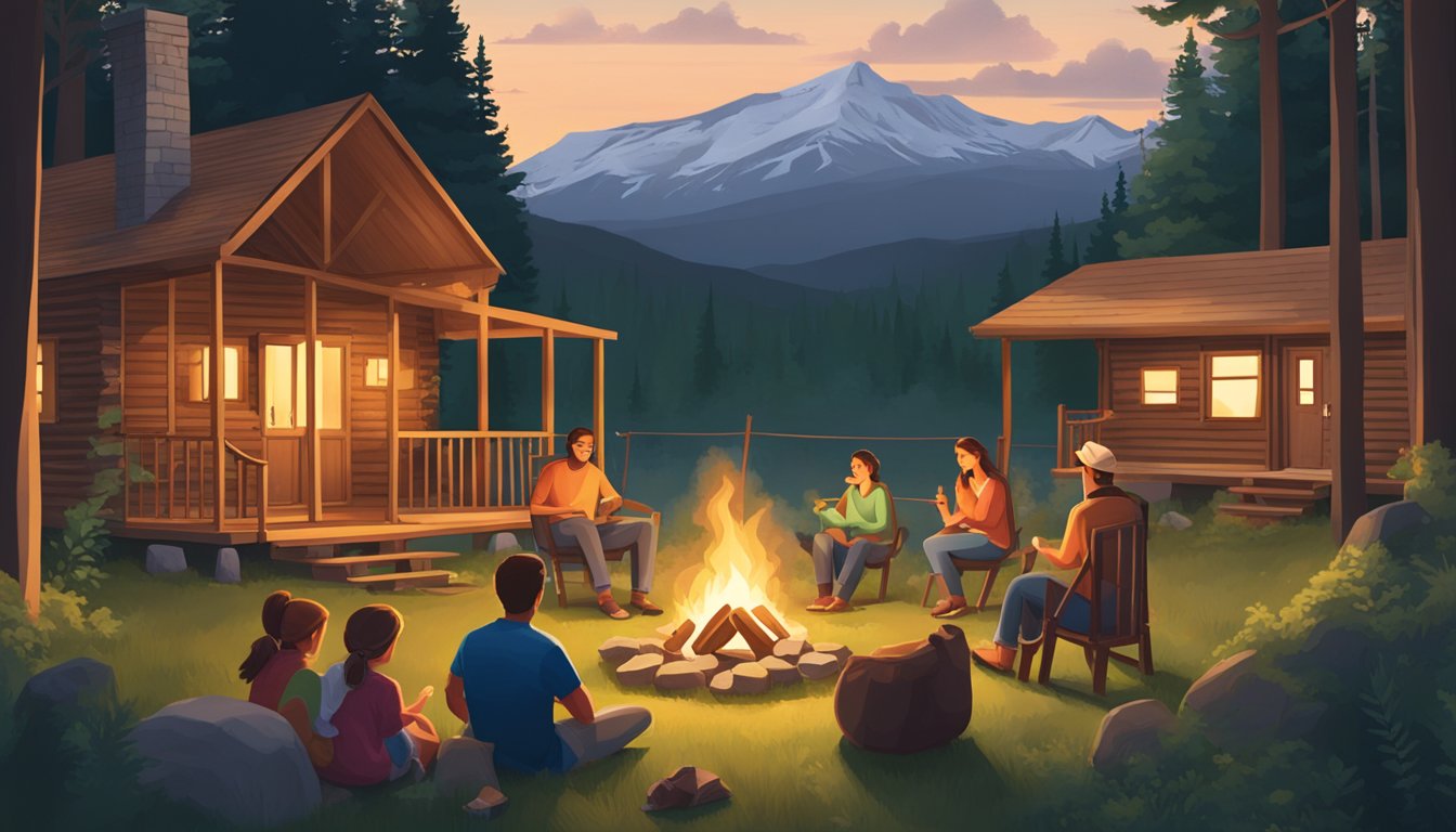 Families gathering around cozy cabins in a lush forest setting, with a campfire and mountains in the background.