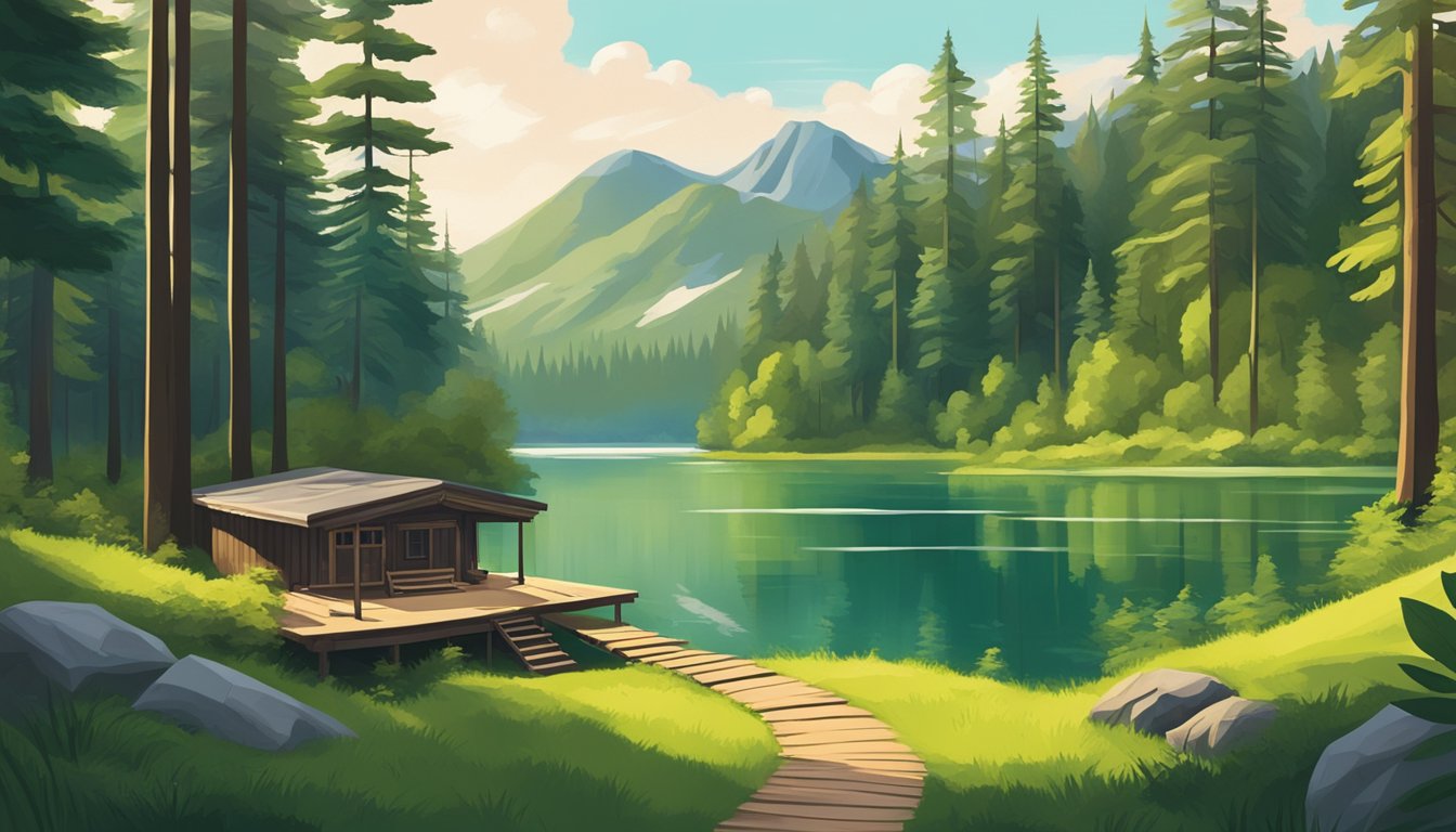 Lush green forest surrounds cozy cabins nestled among tall trees and a serene lake, with mountains in the distance.