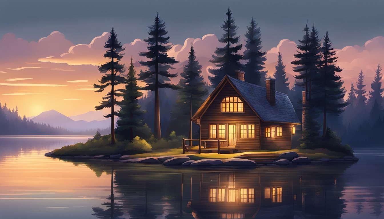Cabin nestled in a serene forest, surrounded by tall trees and a tranquil lake, with warm lights glowing from the windows.