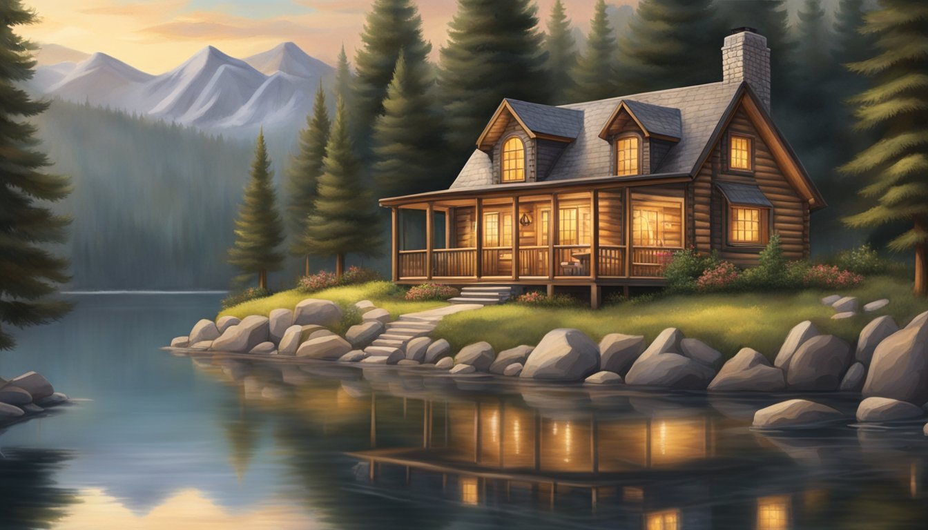 A cozy cabin nestled in the forest, surrounded by towering trees and a tranquil lake. A warm fire crackles inside, while families gather on the porch, enjoying the fresh air and peaceful surroundings.