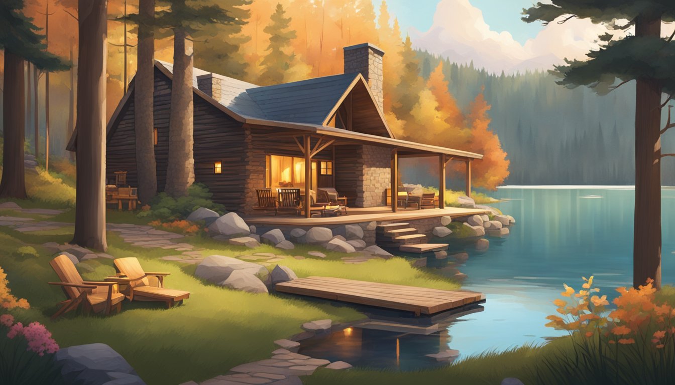 A cozy cabin nestled in a lush forest, with a crackling fire pit and a hot tub overlooking a serene lake.