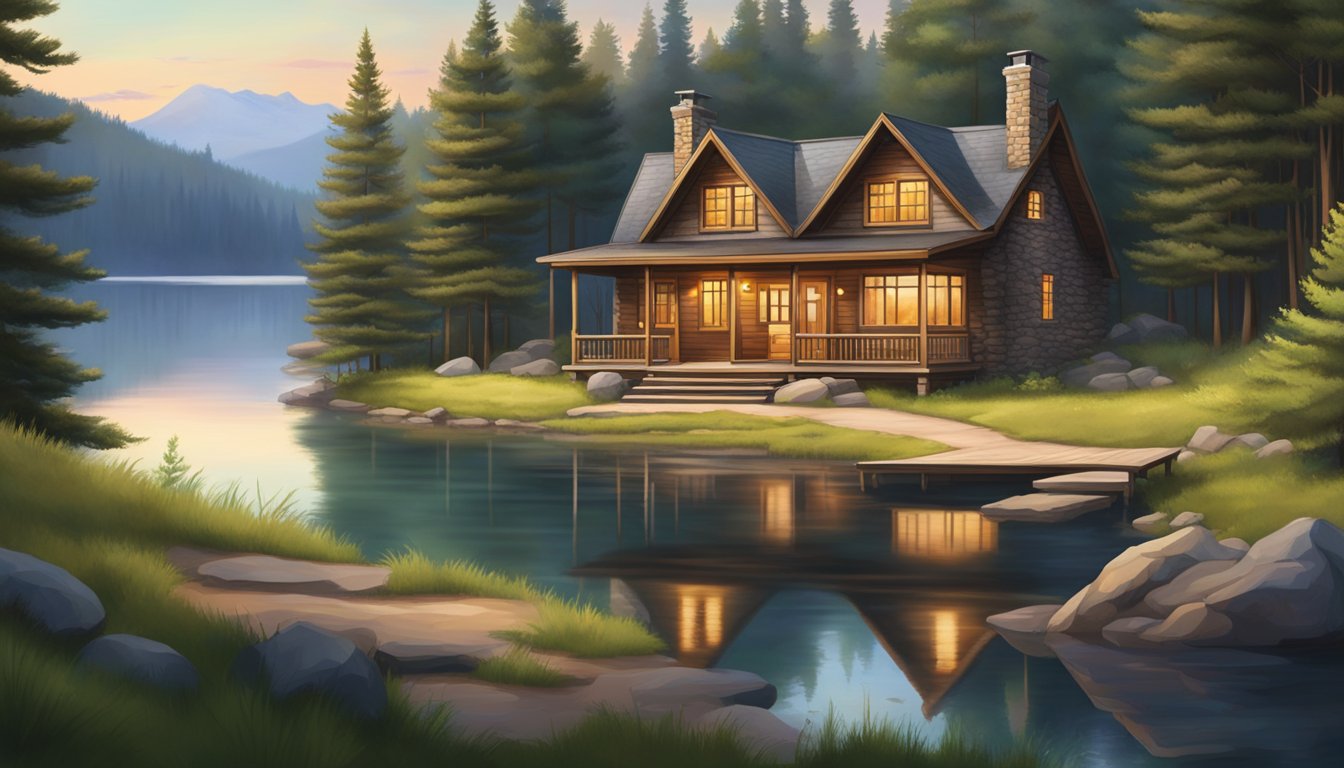 Family vacation cabin nestled among tall pine trees, with a welcoming front porch, surrounded by lush greenery and a serene lake in the background