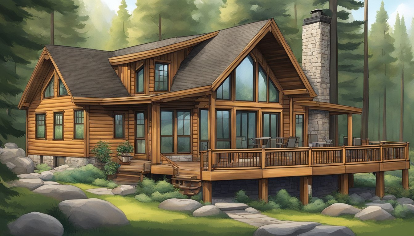 Large family vacation cabin nestled in a lush forest, with a grand outdoor deck and hot tub. A cozy living room with a crackling fireplace and elegant furnishings. A well-equipped kitchen and luxurious bedrooms with plush bedding