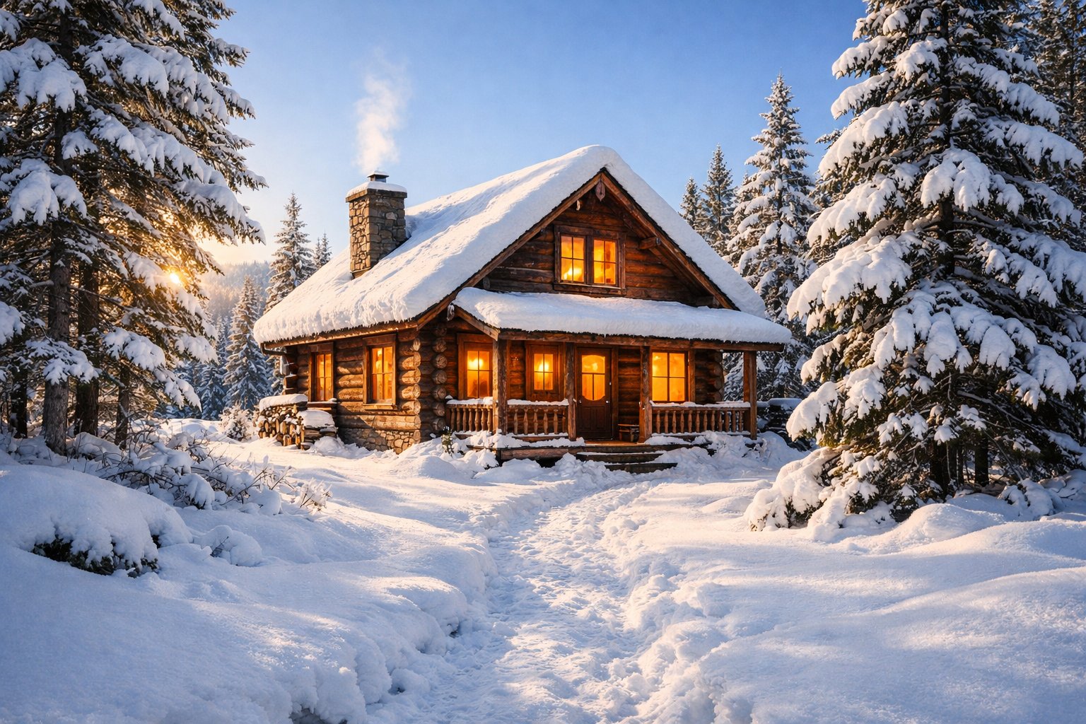 A wooden cabin surrounded by snow-covered pine trees under a clear blue sky.