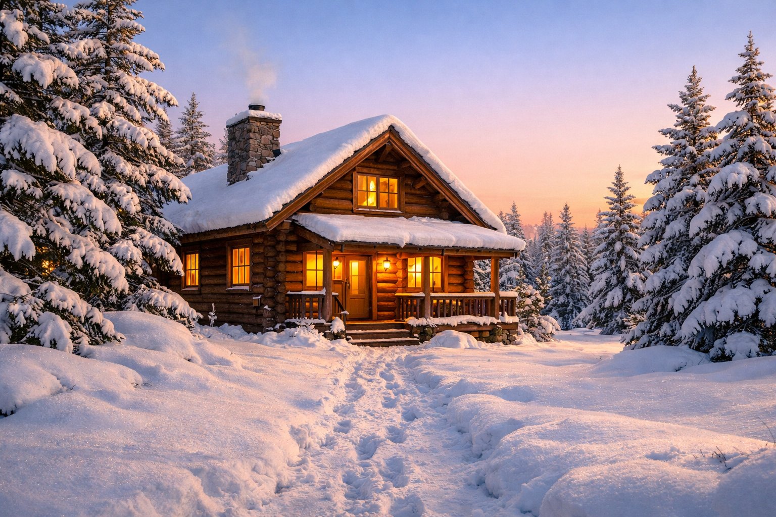 A cozy wooden cabin surrounded by snow-covered pine trees with warm lights glowing from its windows under a clear winter sky.