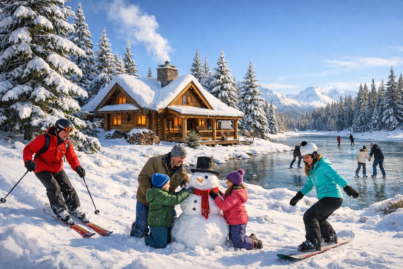 Snow-covered cabin surrounded by pine trees with people skiing, snowboarding, building a snowman, and ice skating on a frozen lake nearby.
