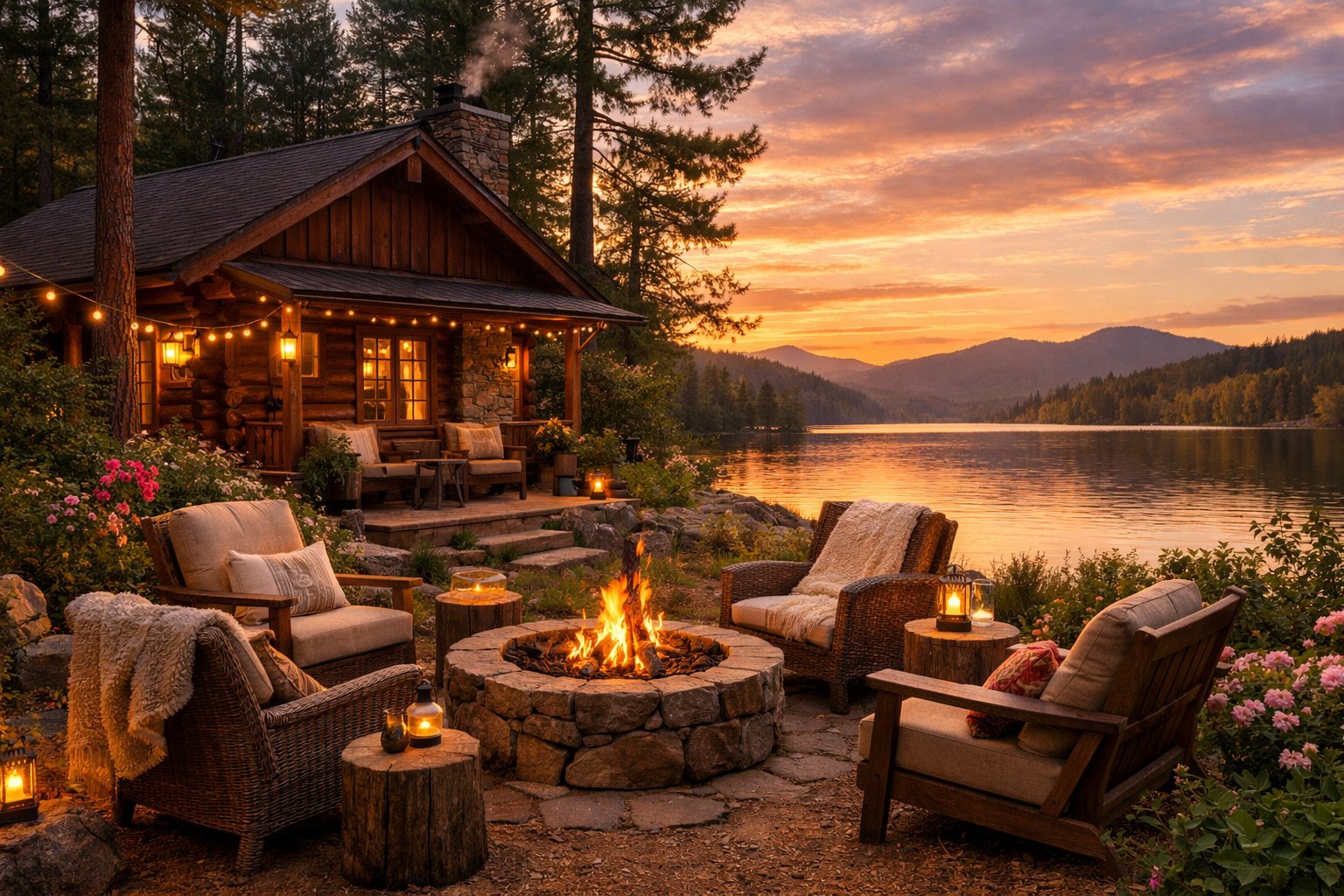 A wooden cabin by a calm lake surrounded by trees and hills during sunset with an outdoor seating area and fire pit.