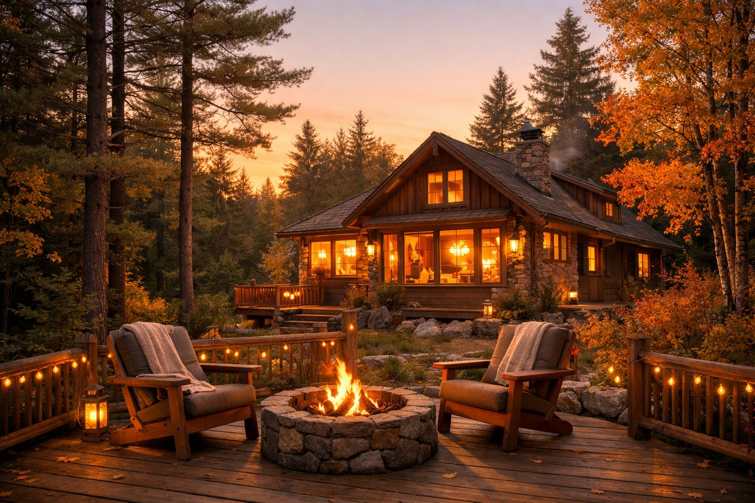 A cozy wooden cabin in a forest with glowing lights, surrounded by tall trees and autumn leaves during sunset.