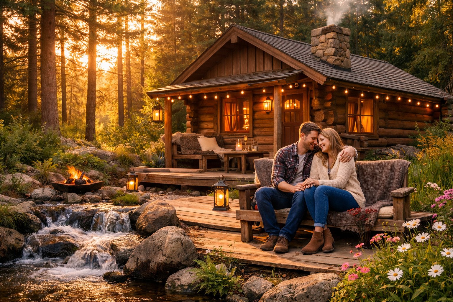 A couple sitting together on a bench outside a wooden cabin surrounded by trees and greenery.