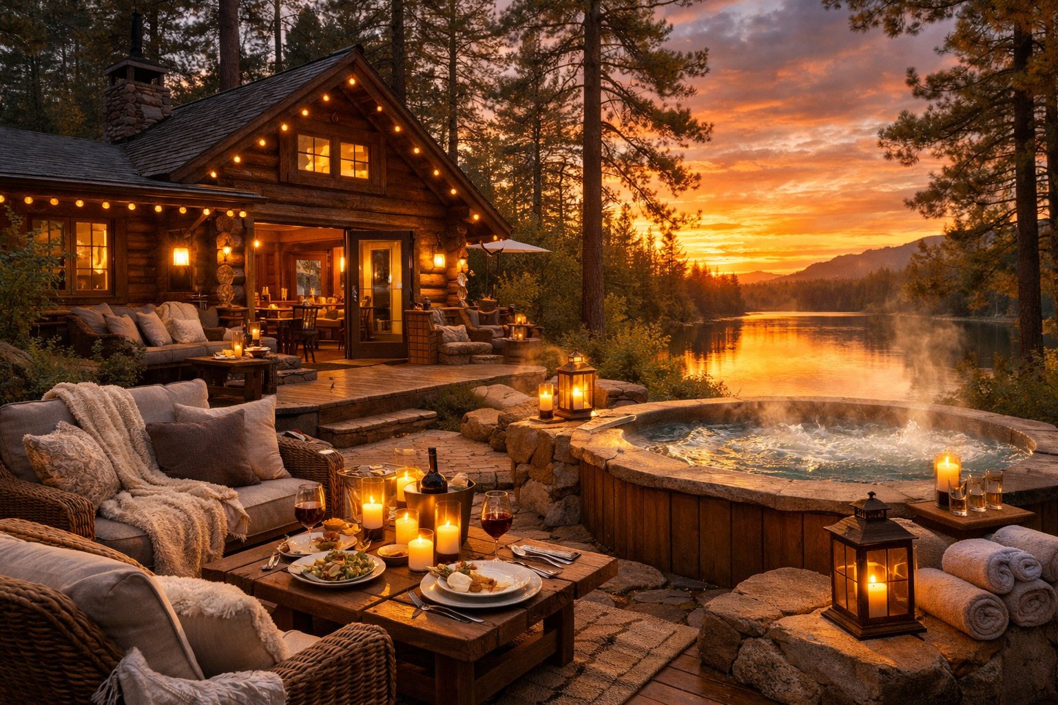 A cozy wooden cabin in a forest with an outdoor seating area, fire pit, hot tub, and a lake at sunset.